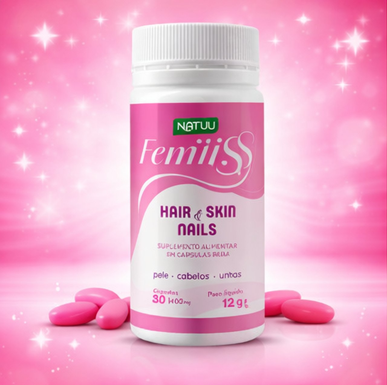 Cápsulas Femiliss con el frasco sobre fondo rosa