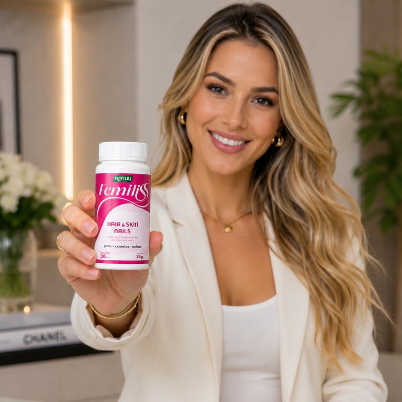 Mulher sorrindo com o pote Femiliss Hair, Skin & Nails da Natuu